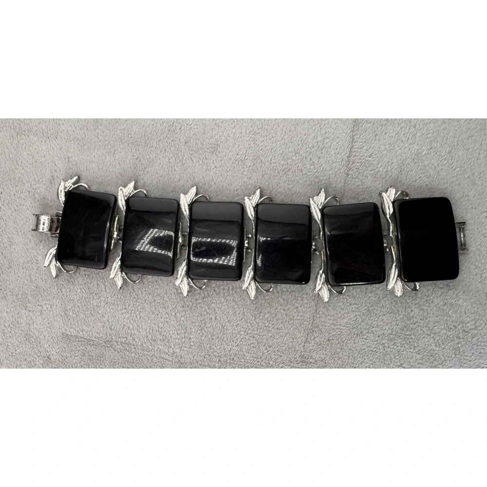 Vintage Thermoset Bracelet Silver Tone Black Wide Chunky MCM 7